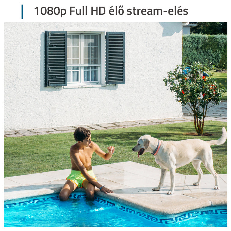 EufyCam 2 - 2 Kamerás Megfigyelő Rendszer HD felbontású képe a kertben a medence szélén kutya és ember